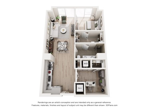 Floor plan for 1 bed, 1 bath, 886 sqft